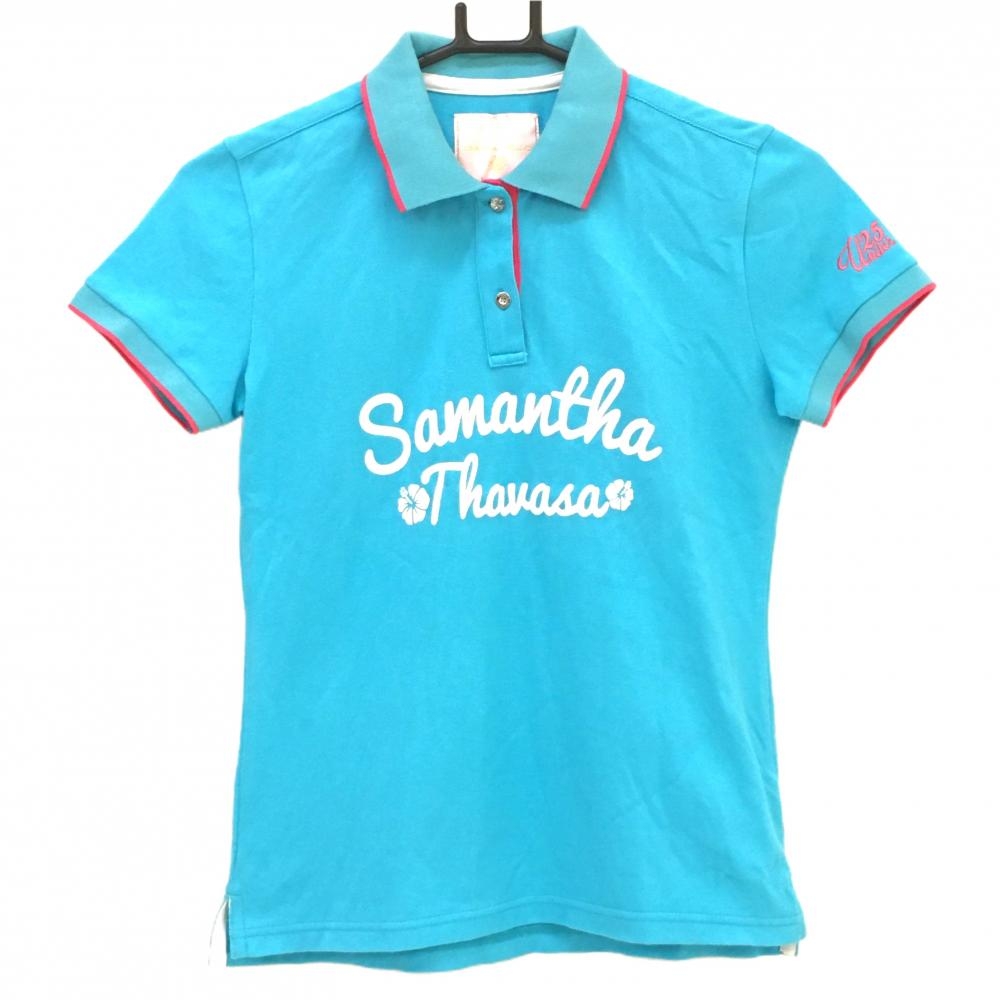 【美品】サマンサタバサ UNDER25 半袖ポロシャツ ライトブルー×白 フラダンスベア レディース M ゴルフウェア Samantha Thavasa
