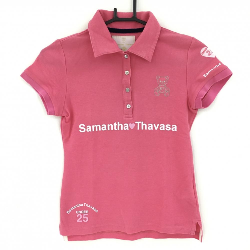 サマンサタバサ UNDER25 半袖ポロシャツ ピンク×白 ベア刺しゅう レディース S ゴルフウェア Samantha Thavasa