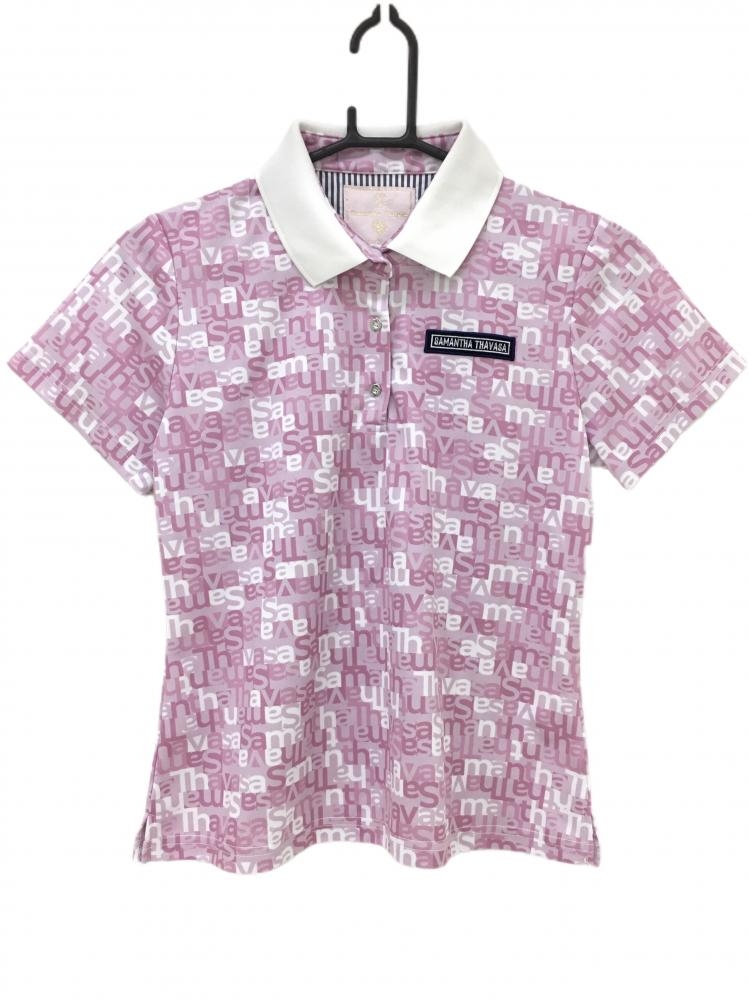 サマンサタバサ UNDER25 半袖ポロシャツ ピンク×白 ロゴ総柄 胸元ワッペン レディース M ゴルフウェア Samantha Thavasa
