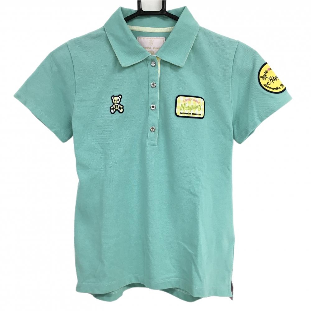 サマンサタバサ UNDER25 半袖ポロシャツ ミントグリーン×イエロー ロゴワッペン クマ  レディース M ゴルフウェア Samantha Thavasa