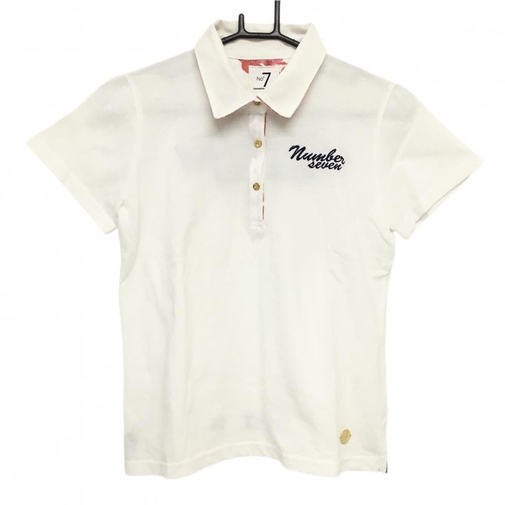 サマンサタバサNo.7 半袖ポロシャツ 白 背面ロゴ 襟裏花柄 レディース 40(L) ゴルフウェア Samantha Thavasa