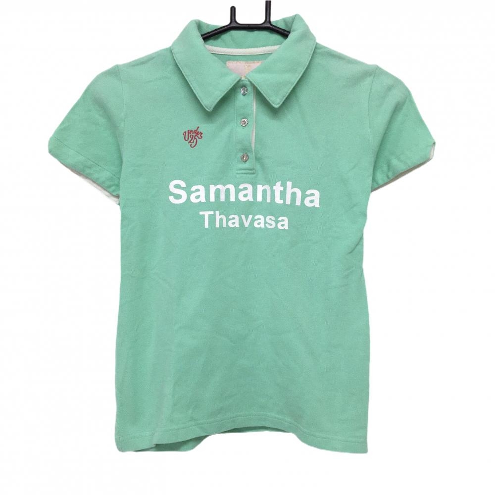 サマンサタバサUNDER25 半袖ポロシャツ ライトグリーン×白 ビッグロゴ レディース S ゴルフウェア Samantha Thavasa