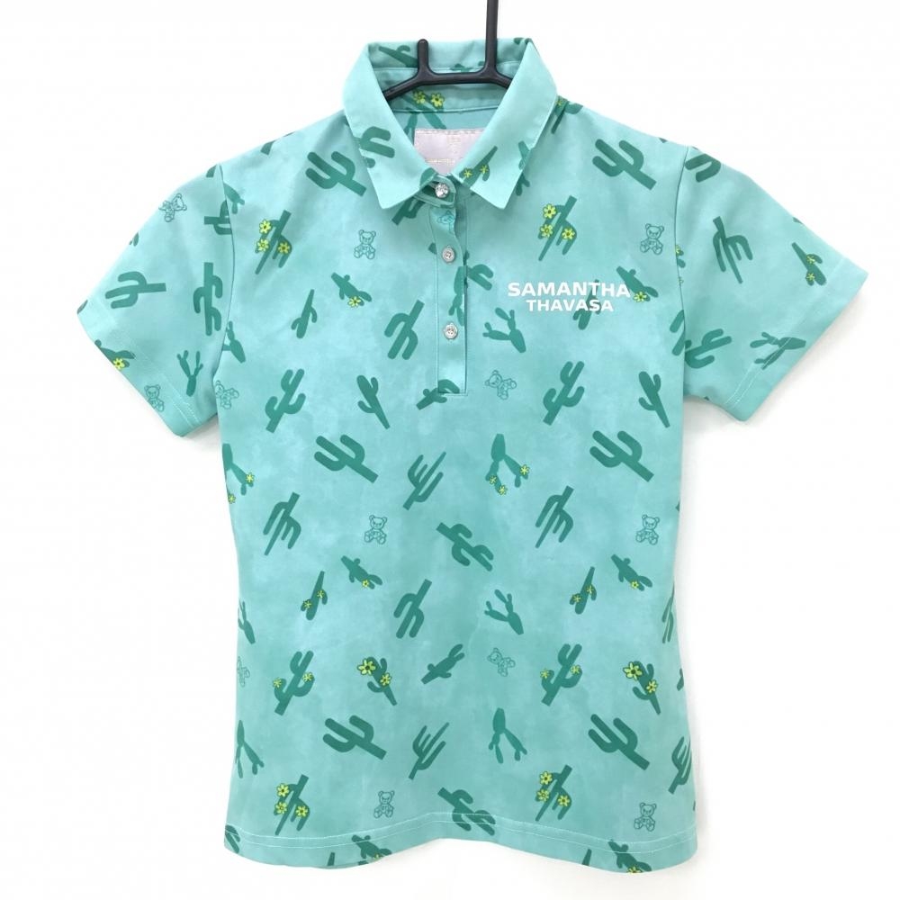 【美品】サマンサタバサUNDER25 半袖ポロシャツ グリーン サボテン柄 ベア ロゴプリント レディース S ゴルフウェア Samantha Thavasa