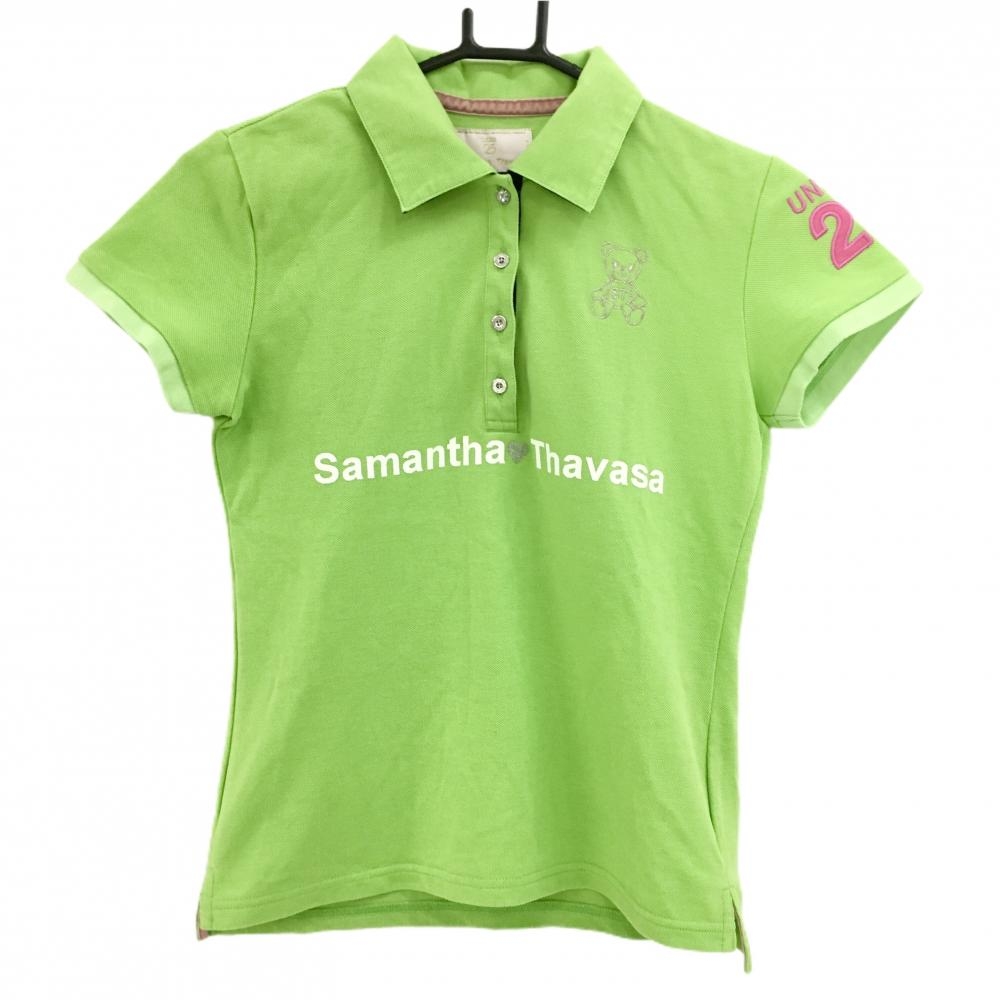 【超美品】サマンサタバサUNDER25 半袖ポロシャツ ライトグリーン 袖ロゴピンク クマ刺しゅう レディース M ゴルフウェア Samantha Thavasa