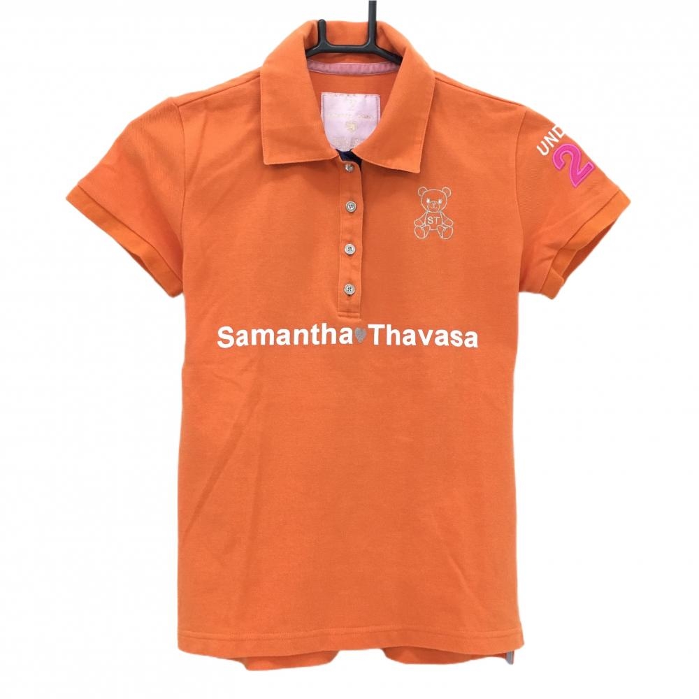 サマンサタバサUNDER25 半袖ポロシャツ オレンジ 袖ロゴピンク クマ刺しゅう レディース M ゴルフウェア Samantha Thavasa