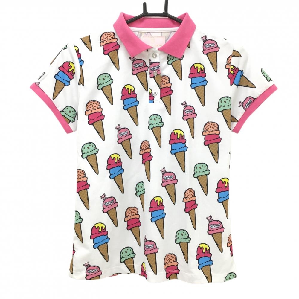 【美品】サマンサタバサUNDER25 半袖ポロシャツ 白×ピンク アイス柄 クマ  レディース M ゴルフウェア Samantha Thavasa