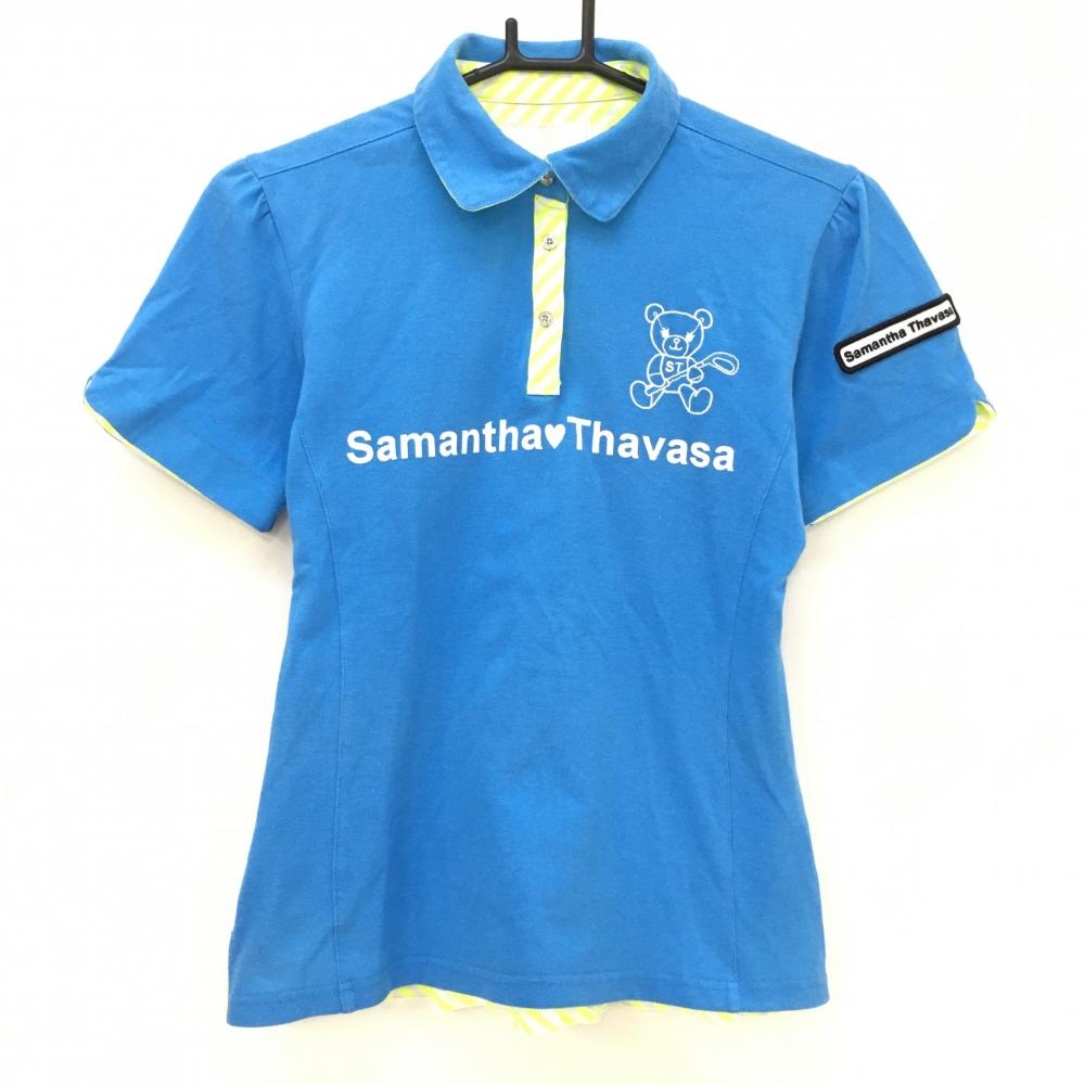 サマンサタバサUNDER25 半袖ポロシャツ ライトブルー×蛍光イエロー 一部斜めストライプ  レディース PRO ゴルフウェア Samantha Thavasa