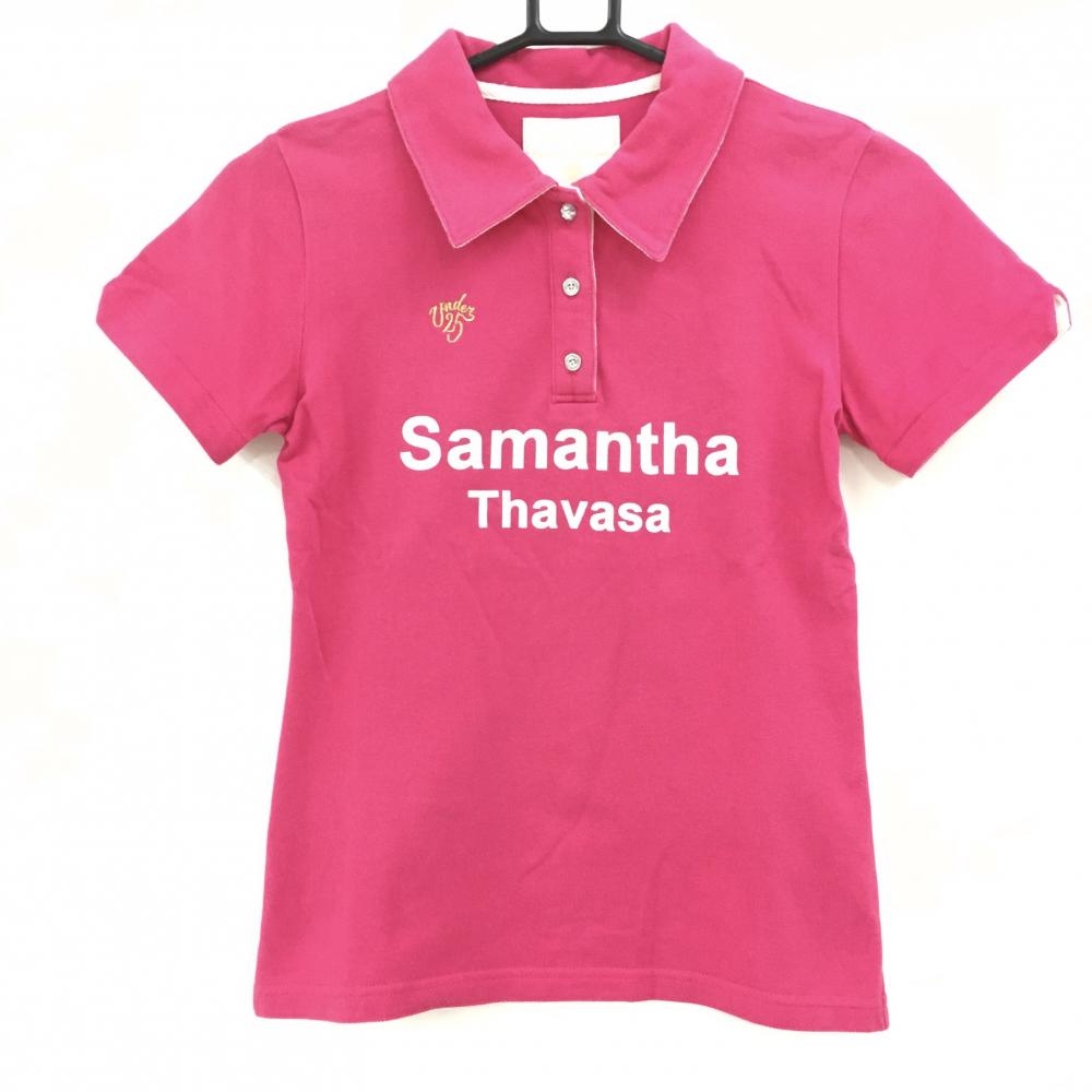 【美品】サマンサタバサUNDER25 半袖ポロシャツ ピンク×白 襟裏ロゴ  レディース S ゴルフウェア Samantha Thavasa