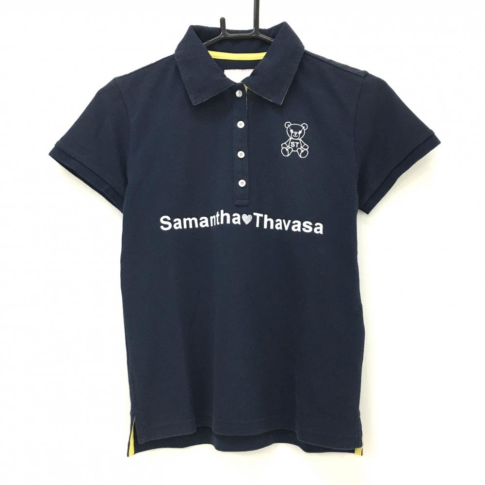 サマンサタバサUNDER25 半袖ポロシャツ ネイビー 襟裏ギンガムチェック ベア刺しゅう レディース M ゴルフウェア Samantha Thavasa