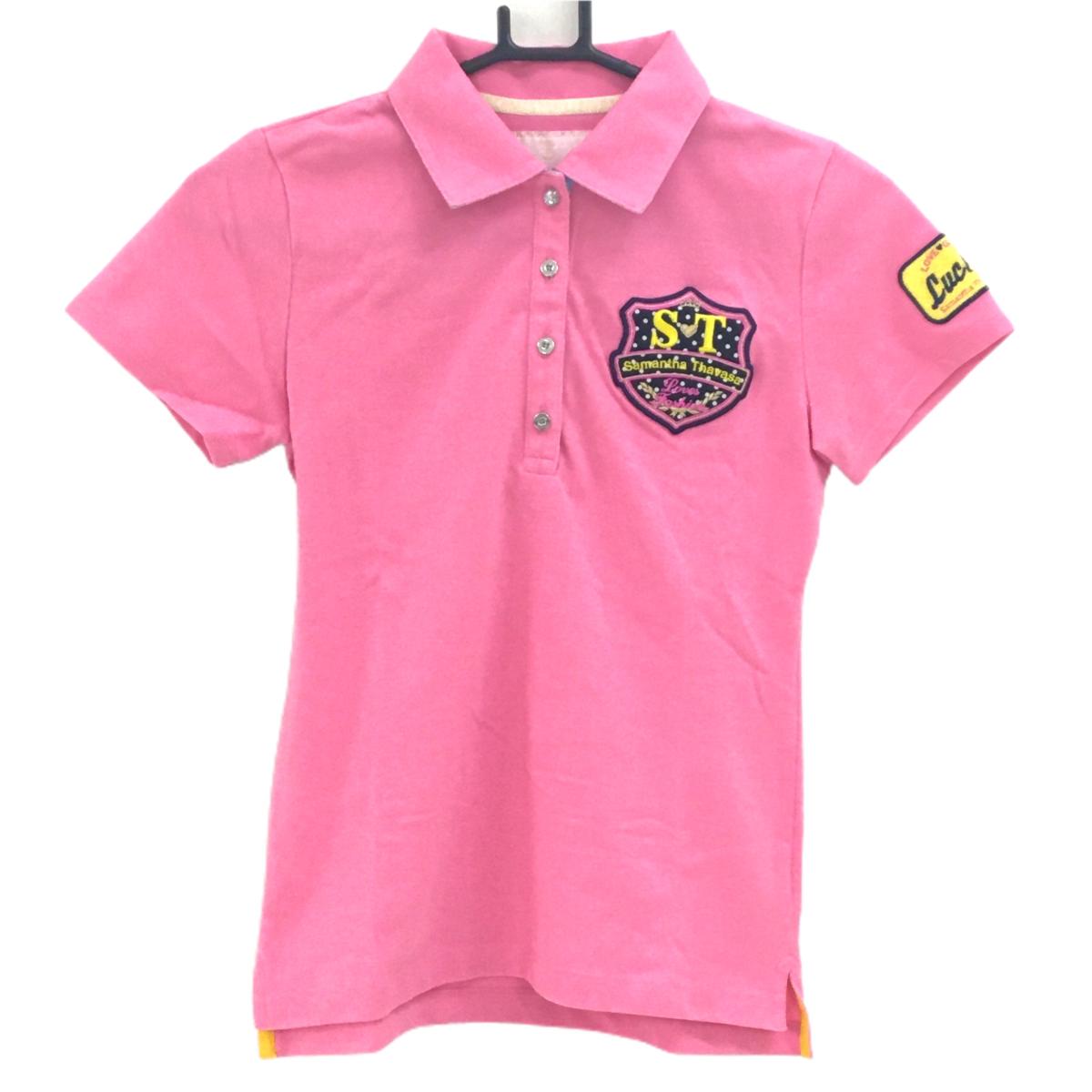 【美品】サマンサタバサUNDER25 半袖ポロシャツ ピンク×イエロー 背面プリント 襟裏ドット レディース M ゴルフウェア Samantha Thavasa