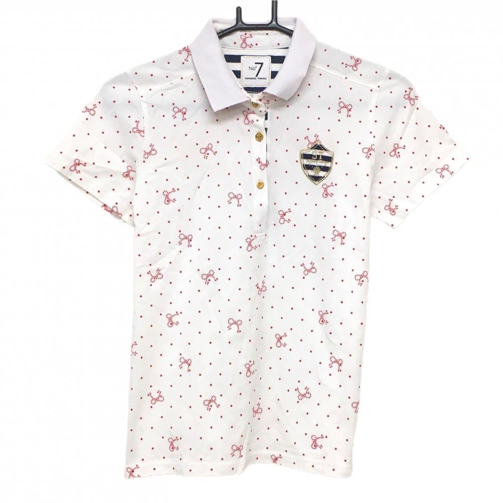 【美品】サマンサタバサNo.7 半袖ポロシャツ 白×レッド ドット リボン柄  レディース 40(L) ゴルフウェア Samantha Thavasa