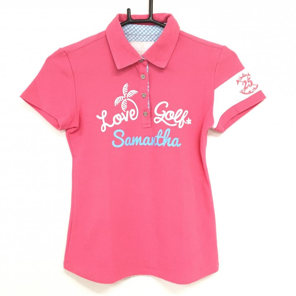 サマンサタバサUNDER25 半袖ポロシャツ ピンク×白 ロゴプリント レディース S ゴルフウェア Samantha Thavasa