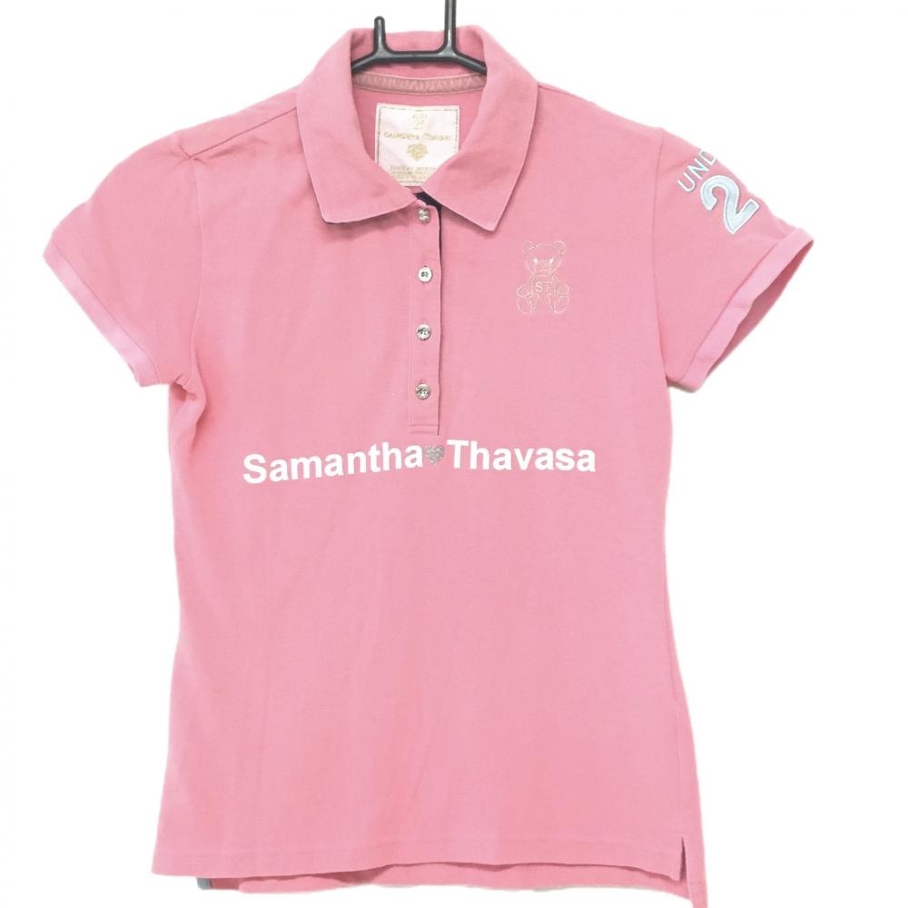【美品】サマンサタバサUNDER25 半袖ポロシャツ ピンク 襟裏ネイビー ベア レディース M ゴルフウェア Samantha Thavasa