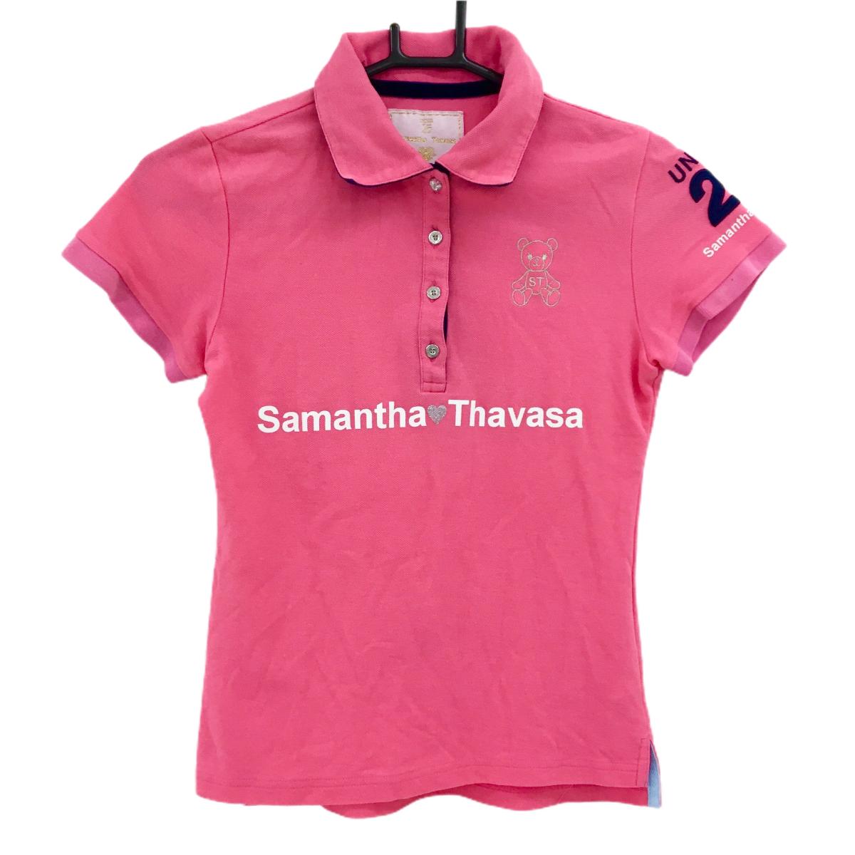 【美品】サマンサタバサUNDER25 半袖ポロシャツ ピンク 襟裏ネイビー ベア レディース M ゴルフウェア Samantha Thavasa