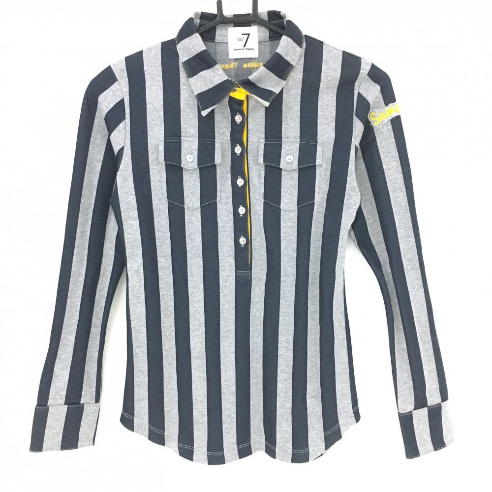 【超美品】サマンサタバサ No.7 長袖ポロシャツ グレー×ネイビー ストライプ コットン混 レディース 36 ゴルフウェア Samantha Thavasa