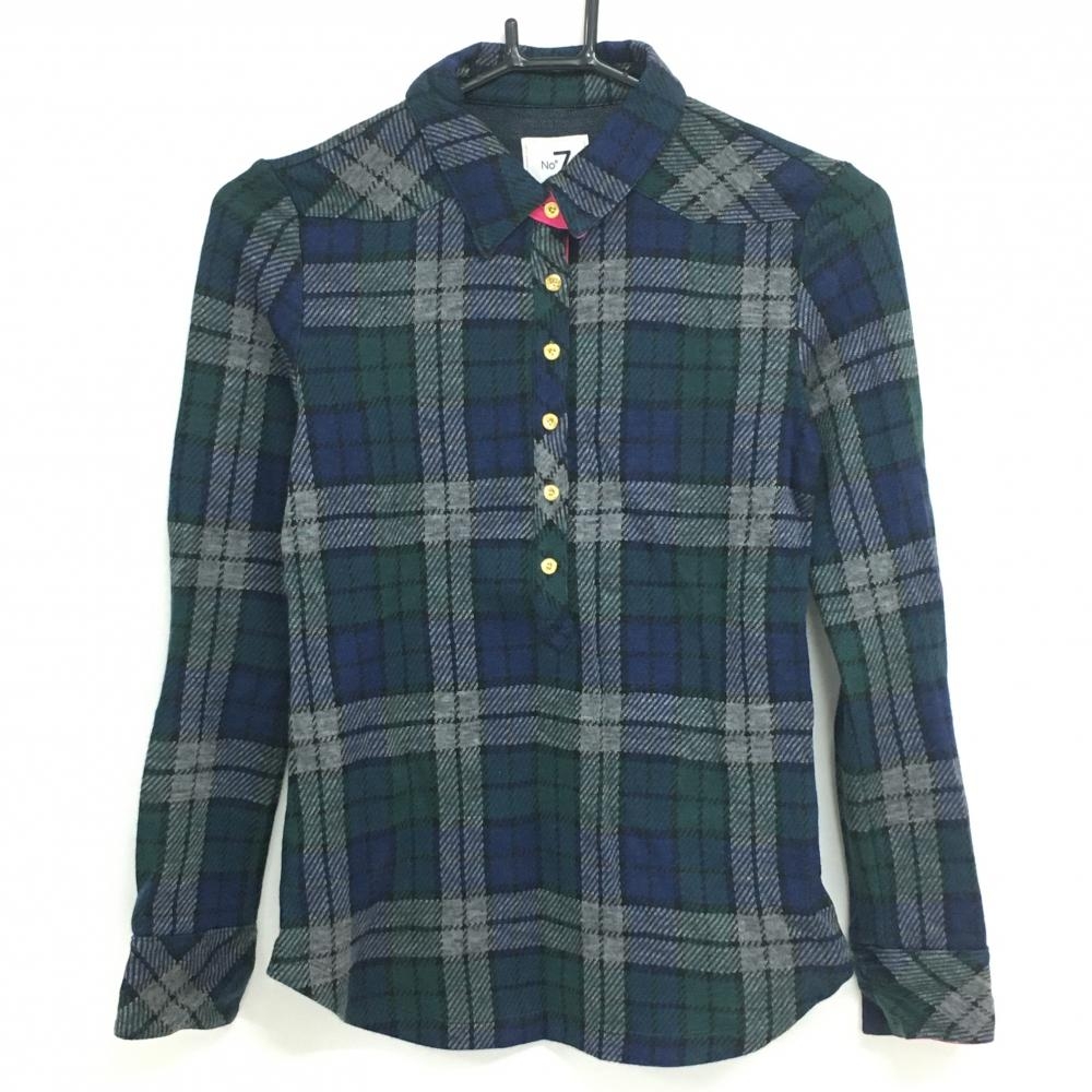 【超美品】サマンサタバサ No.7 ニット長袖ポロシャツ グリーン×ネイビー チェック レディース 36(S) ゴルフウェア Samantha Thavasa