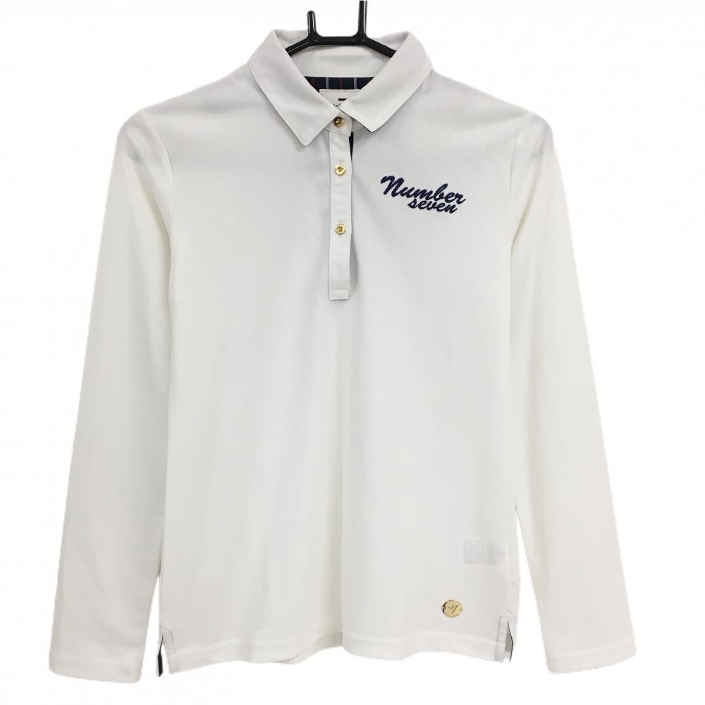 【超美品】サマンサタバサNo.7 長袖ポロシャツ 白×ネイビー 胸刺しゅう レディース 38(M) ゴルフウェア Samantha Thavasa