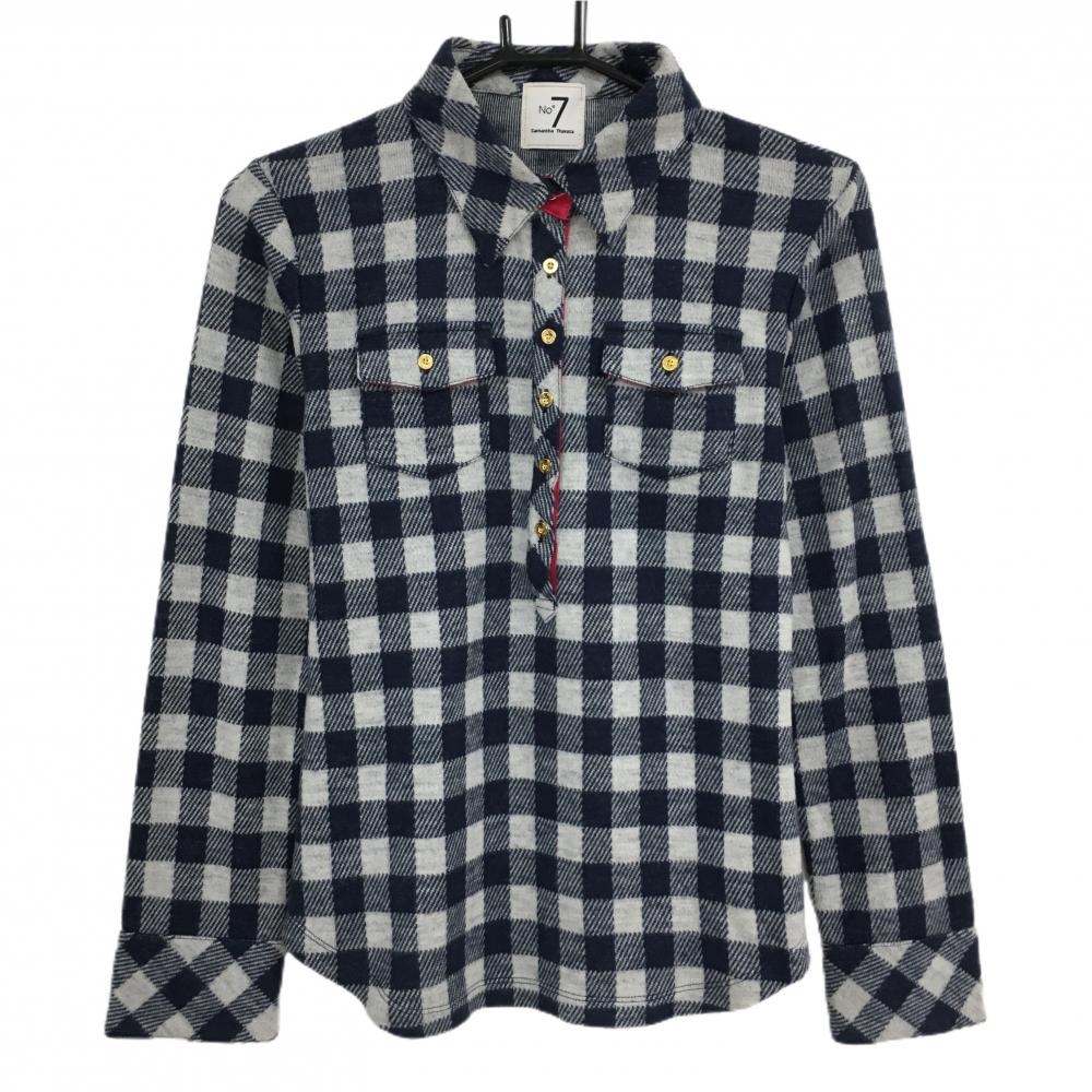 【美品】サマンサタバサ 長袖ポロシャツ ネイビー×ライトグレー チェック 起毛素材 レディース 38(M) ゴルフウェア Samantha Thavasa