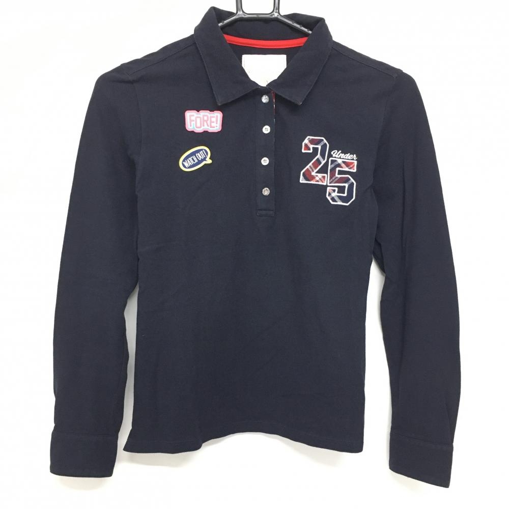 【美品】サマンサタバサUNDER25 長袖ポロシャツ ネイビー 襟裏チェック 綿100％  レディース M ゴルフウェア Samantha Thavasa