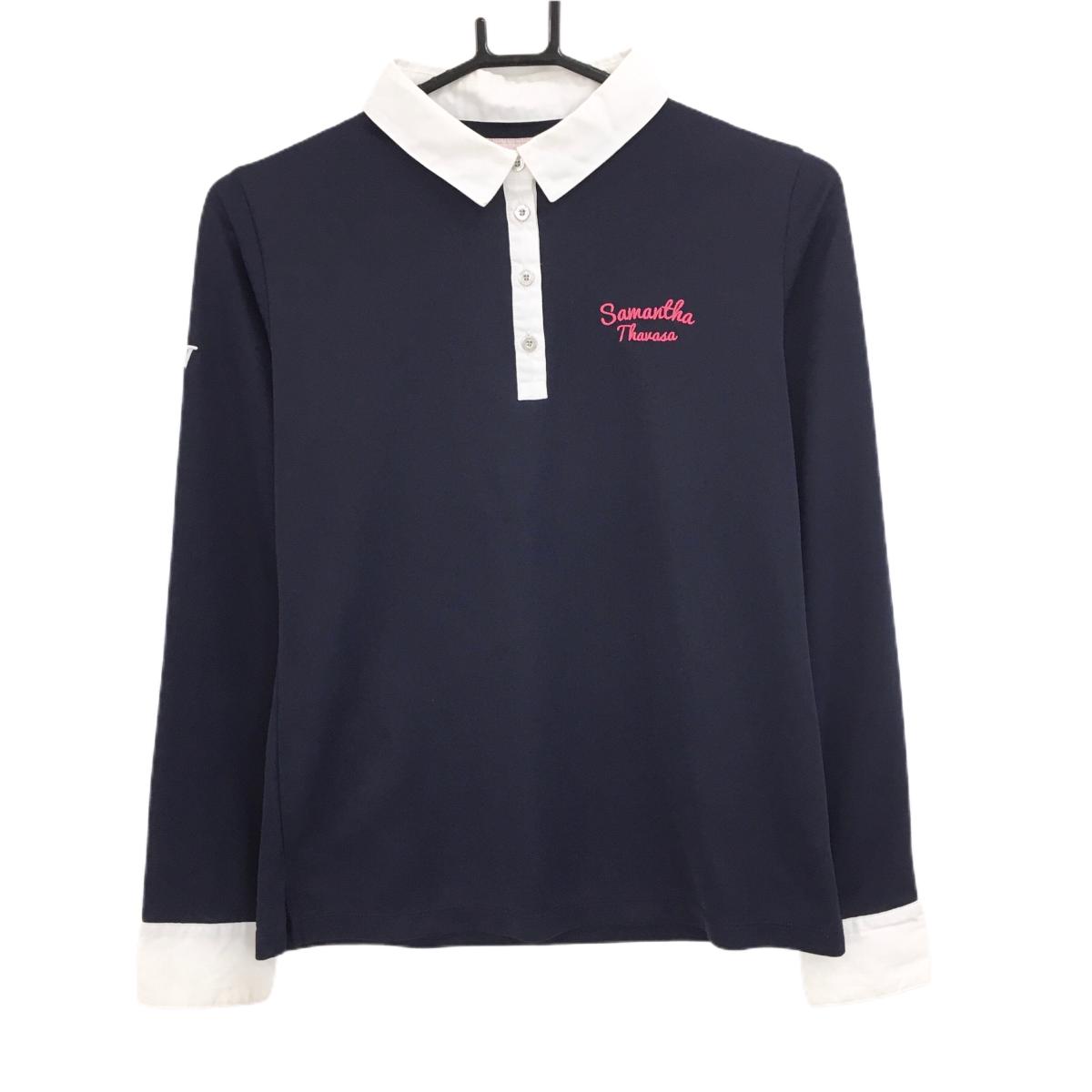 サマンサタバサUNDER25 長袖ポロシャツ ネイビー×白 バックロゴ レディース M ゴルフウェア Samantha Thavasa