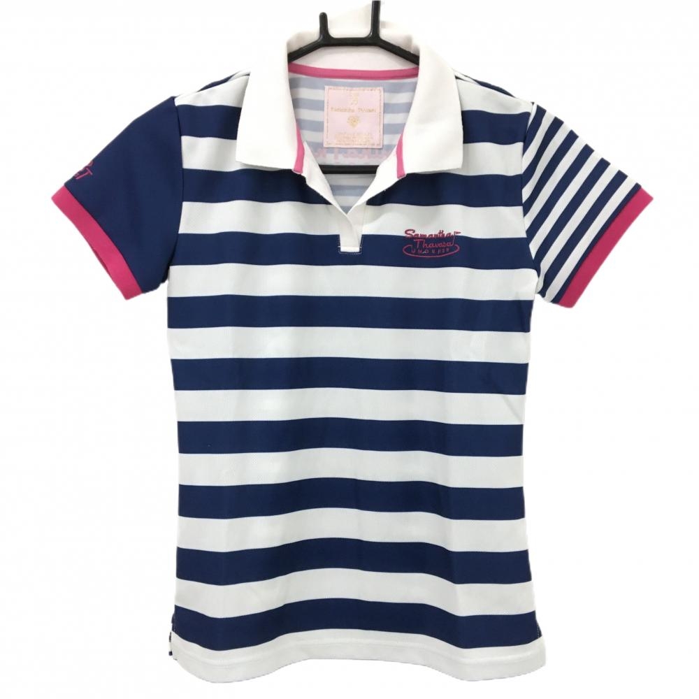 【美品】サマンサタバサUNDER25 半袖スキッパーシャツ 白×ネイビー ボーダー ロゴ刺しゅう レディース S ゴルフウェア Samantha Thavasa