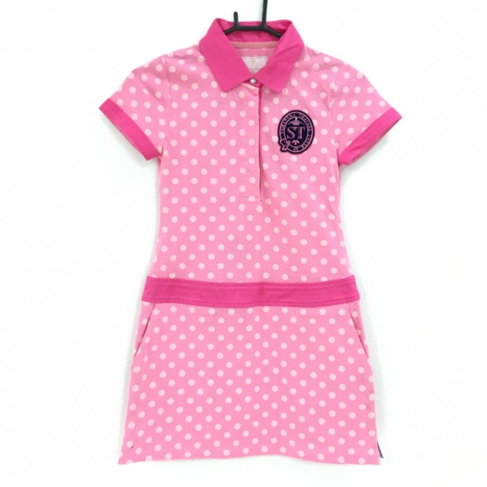 【新品】サマンサタバサ UNDER25 半袖ポロワンピース ピンク×白 ドット 日本製 ワッペン レディース S ゴルフウェア Samantha Thavasa