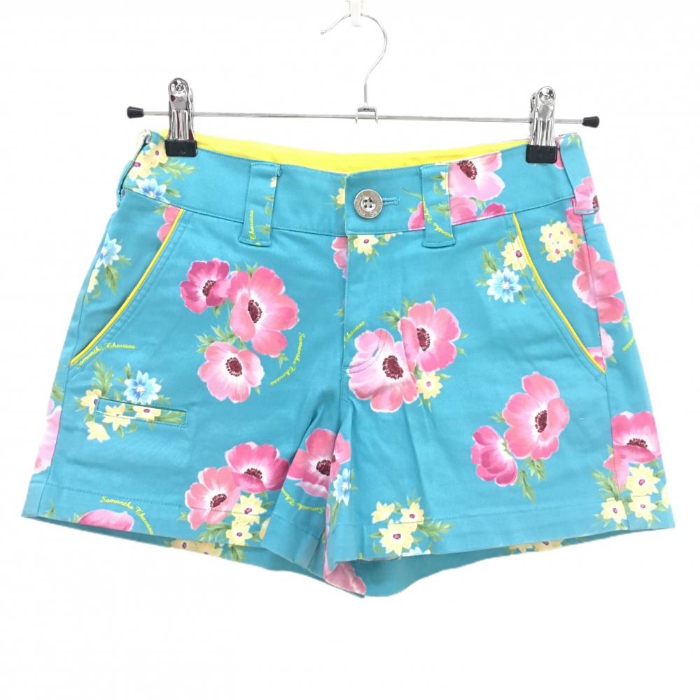 サマンサタバサUNDER25 ショートパンツ ライトブルー×ピンク 花柄 ストレッチ レディース S ゴルフウェア Samantha Thavasa