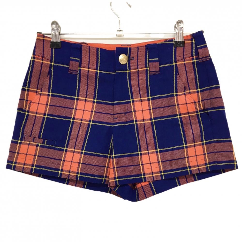 【美品】サマンサタバサUNDER25 ショートパンツ ネイビー×オレンジ チェック ストレッチ レディース S ゴルフウェア Samantha Thavasa