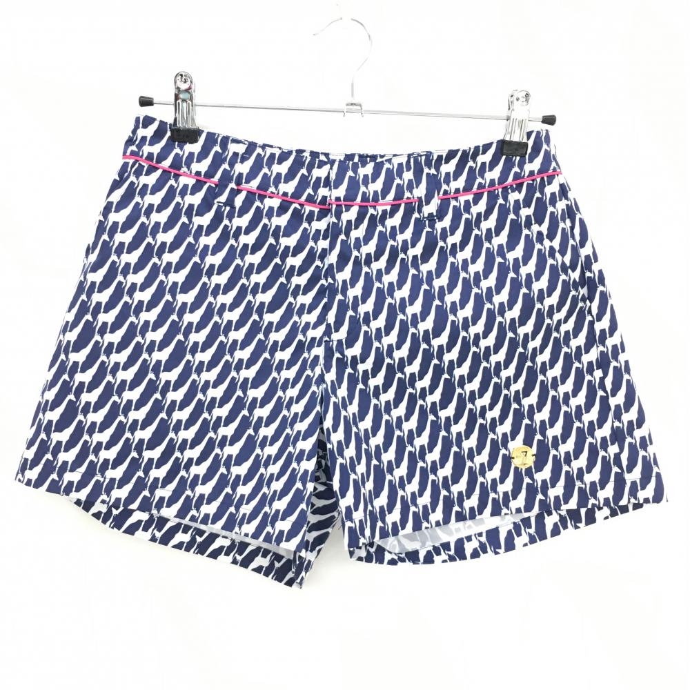 【美品】サマンサタバサNo.7 ショートパンツ ネイビー×白 キリン総柄 レディース 38(M) ゴルフウェア Samantha Thavasa
