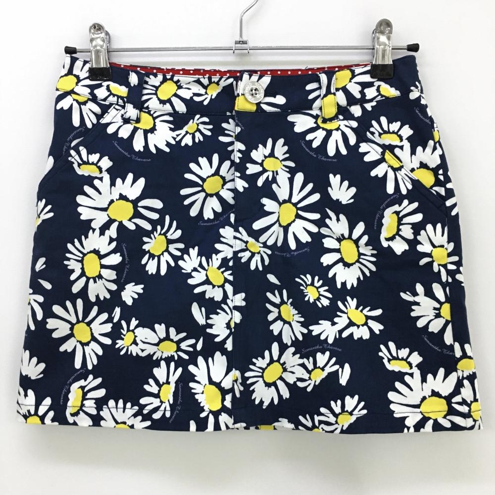 サマンサタバサ UNDER25 ストレッチスカート ネイビー×白 花柄 総柄 バックロゴ刺しゅう レディース S ゴルフウェア Samantha Thavasa