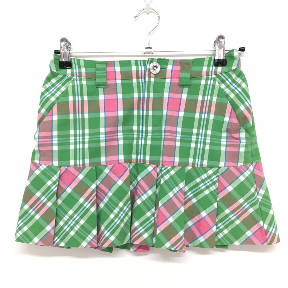 【超美品】サマンサタバサ UNDER25 プリーツスカート グリーン×ピンク チェック レディース S ゴルフウェア Samantha Thavasa