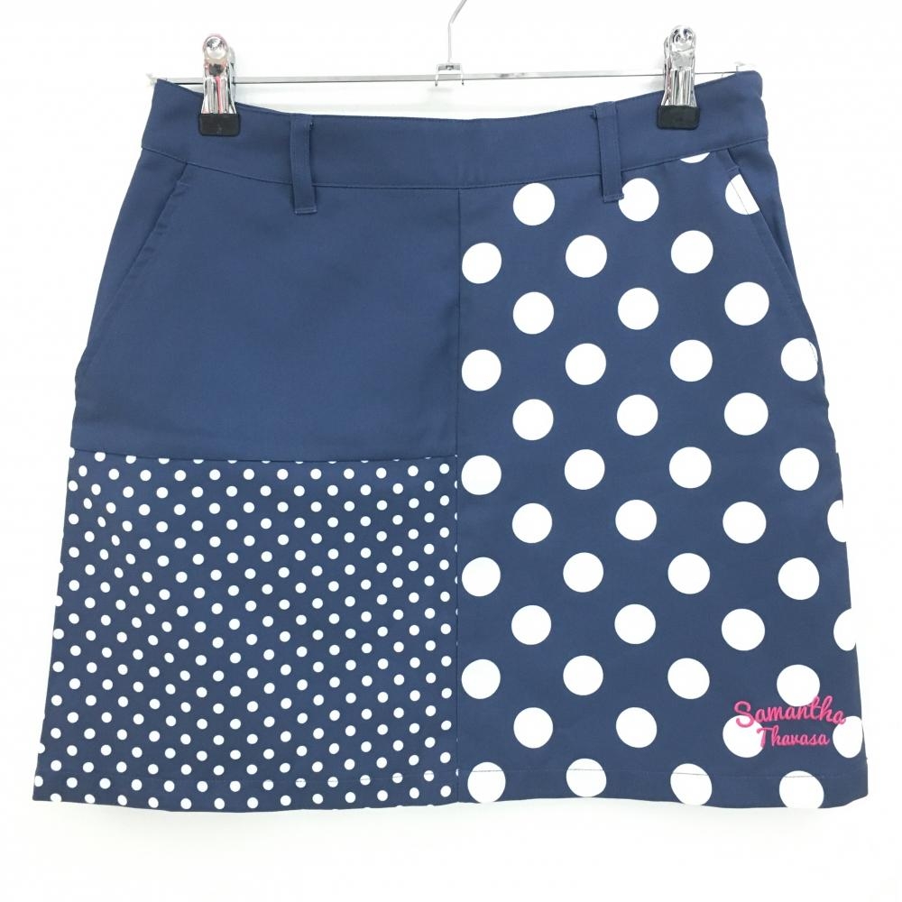 【超美品】サマンサタバサUNDER25 スカート ネイビー×白 フラップポケットドット レディース M ゴルフウェア Samantha Thavasa