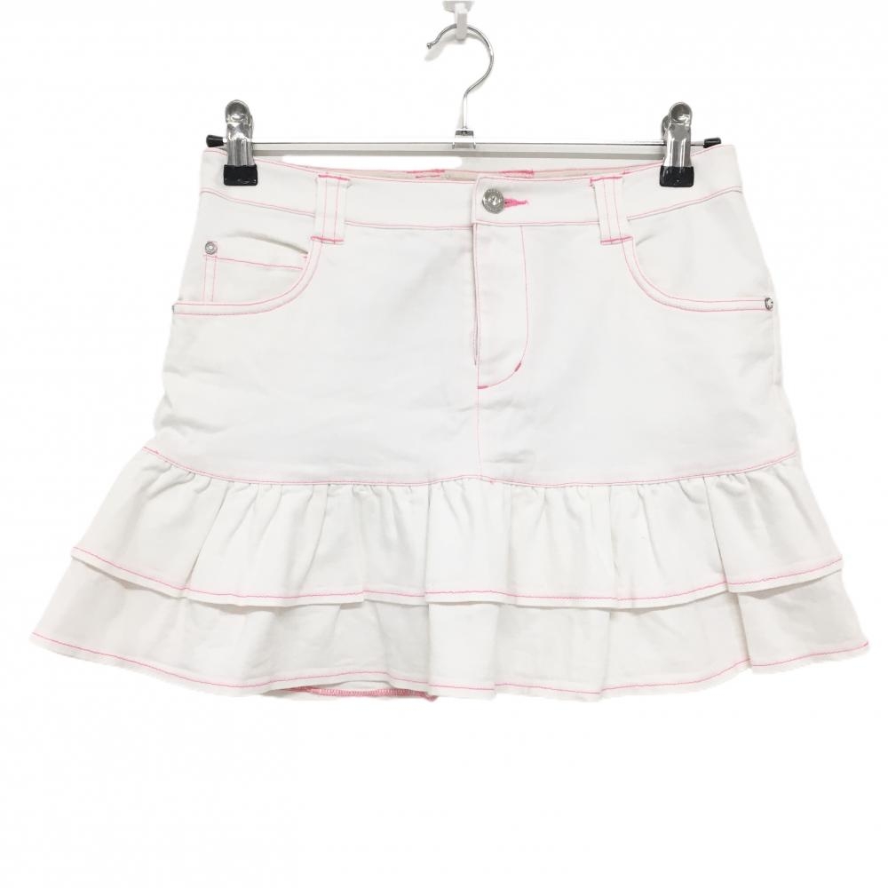 サマンサタバサUNDER25 フリルスカート 白×ピンク ステッチ バックロゴワッペン  レディース M ゴルフウェア Samantha Thavasa