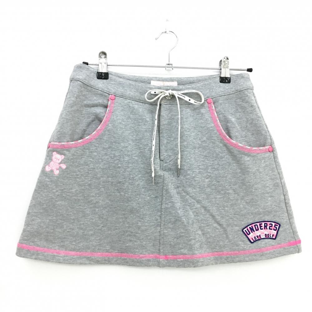サマンサタバサUNDER25 スウェットスカート 杢グレー×ピンク ベア刺しゅう ウエスト調節紐  レディース M ゴルフウェア Samantha Thavasa