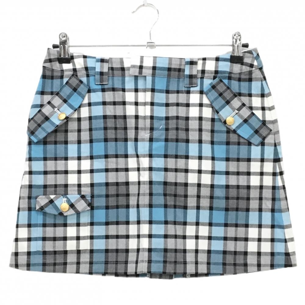 【美品】サマンサタバサNo.7 スカート 白×グレー系×ライトブルー チェック 裾ポケット  レディース 40(L) ゴルフウェア Samantha Thavasa