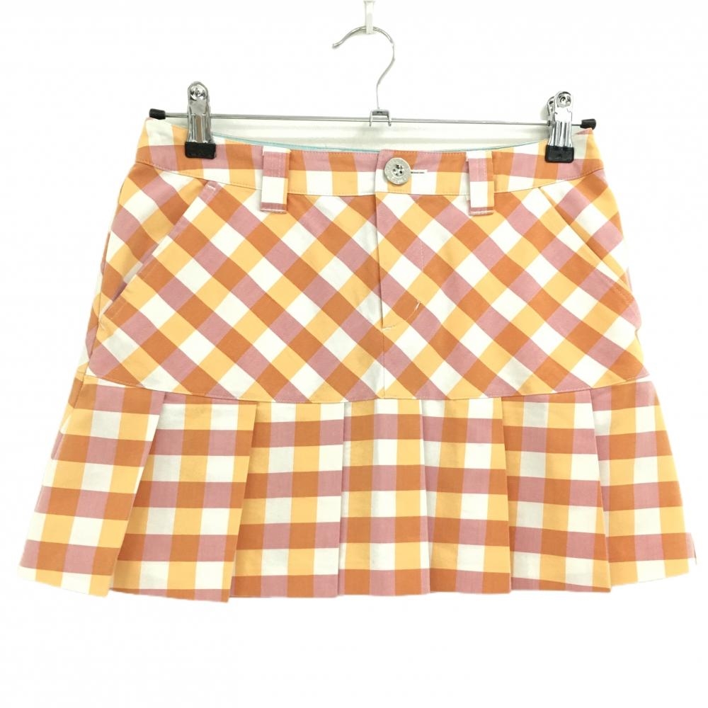 【美品】サマンサタバサUNDER25 プリーツスカート オレンジ×レッド×白 チェック レディース M ゴルフウェア Samantha Thavasa