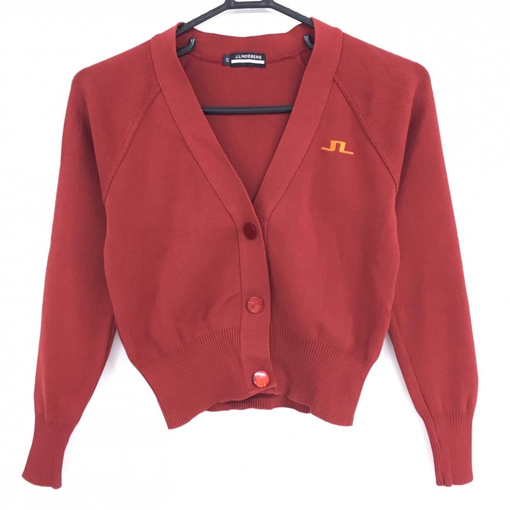 【超美品】ジェイリンドバーグ ニットカーディガン レッド ショート丈 ロゴ刺しゅう レディース XS ゴルフウェア J．LINDEBERG