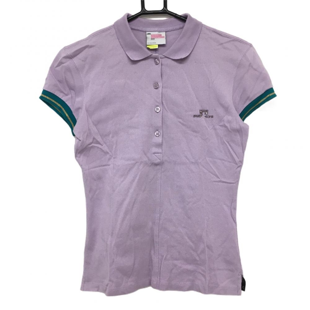 【美品】ジェイリンドバーグ 半袖ポロシャツ ライトパープル×ブルーグリーン ラインストーンロゴ レディース S ゴルフウェア J．LINDEBERG