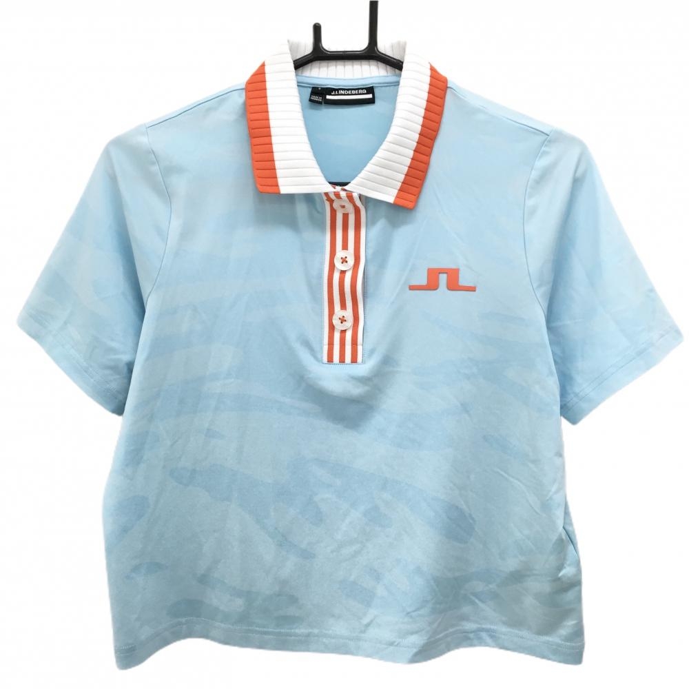 【美品】ジェイリンドバーグ 半袖ポロシャツ ライトブルー系 カモフラ調 迷彩 レディース S ゴルフウェア 2024年モデル J．LINDEBERG