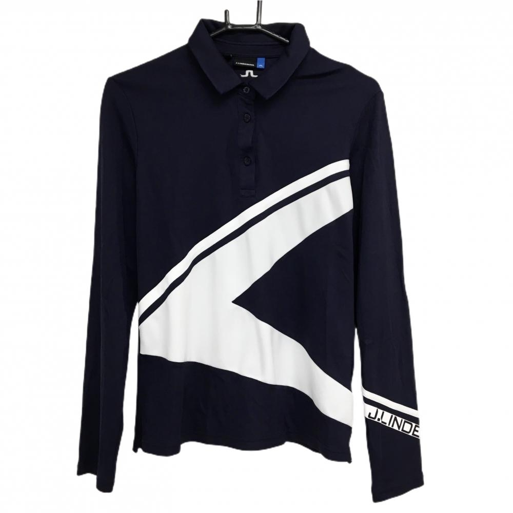 【超美品】ジェイリンドバーグ 長袖ポロシャツ ネイビー×白 袖口ロゴ レディース L ゴルフウェア J．LINDEBERG