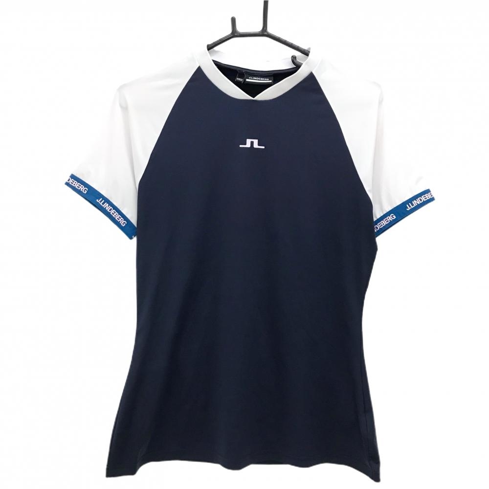 ジェイリンドバーグ Tシャツ ネイビー×白 袖口ロゴ レディース L ゴルフウェア J．LINDEBERG