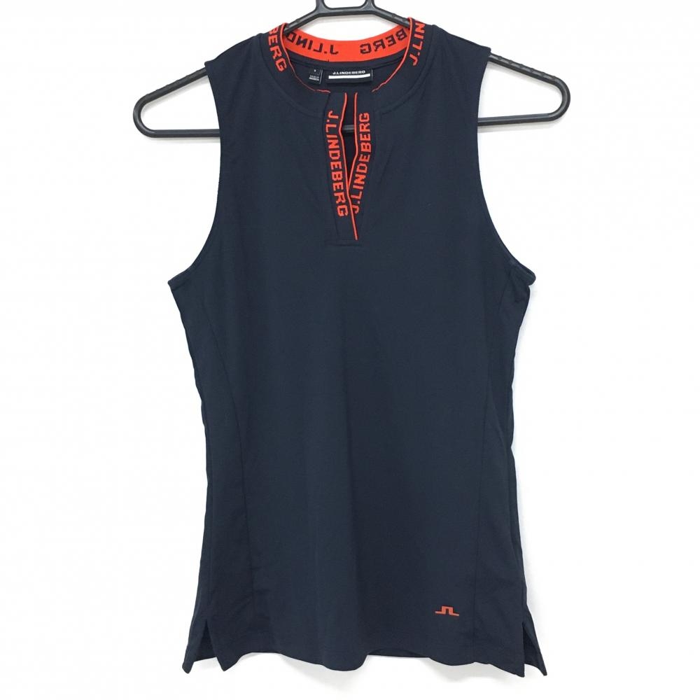 【超美品】ジェイリンドバーグ ノースリーブスキッパーシャツ ネイビー×レッド ロゴ レディース S ゴルフウェア J．LINDEBERG