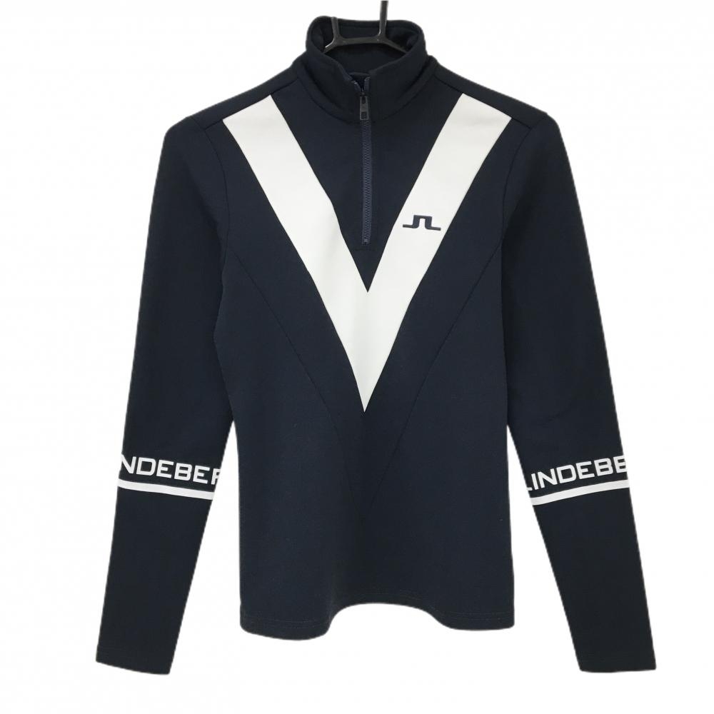【美品】ジェイリンドバーグ 長袖ハイネックシャツ ネイビー×白 ハーフジップ 裏微起毛 レディース XS ゴルフウェア J．LINDEBERG