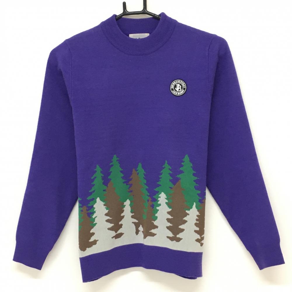 【美品】ジャックバニー セーター パープル×グリーン 下部ツリー柄 ニット レディース 0(S) ゴルフウェア 2022年モデル Jack Bunny