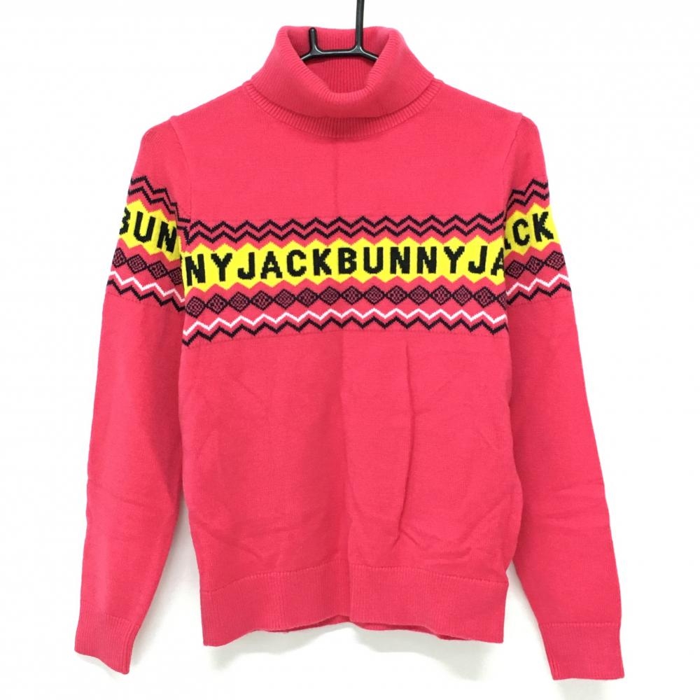 【超美品】ジャックバニー タートルネックセーター ピンク×黒 ロゴ ニット レディース 1(M) ゴルフウェア 2022年モデル Jack Bunny