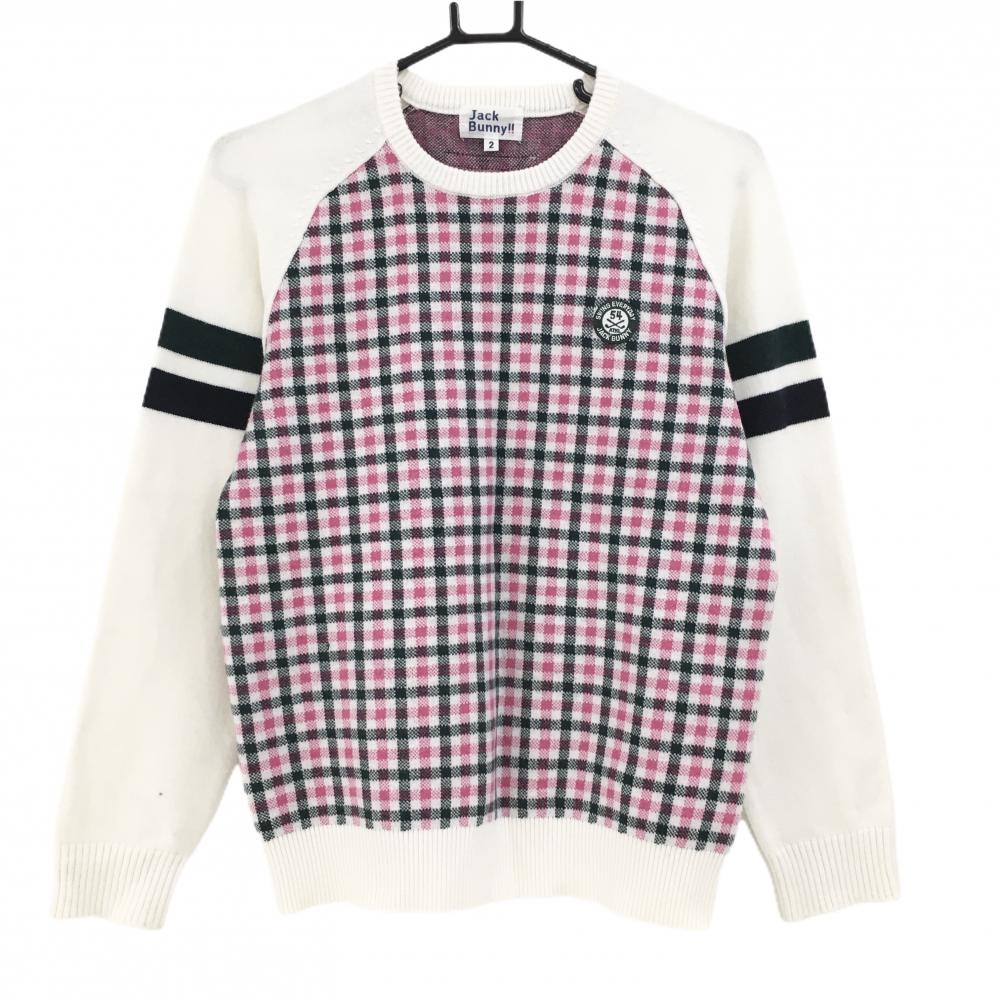 ジャックバニー セーター 白×ピンク×グリーン 身頃チェック ニット レディース 2(L) ゴルフウェア Jack Bunny