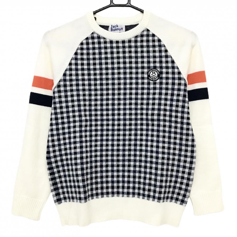 【美品】ジャックバニー セーター 白×黒×ネイビー 身頃チェック ニット レディース 0(S) ゴルフウェア Jack Bunny