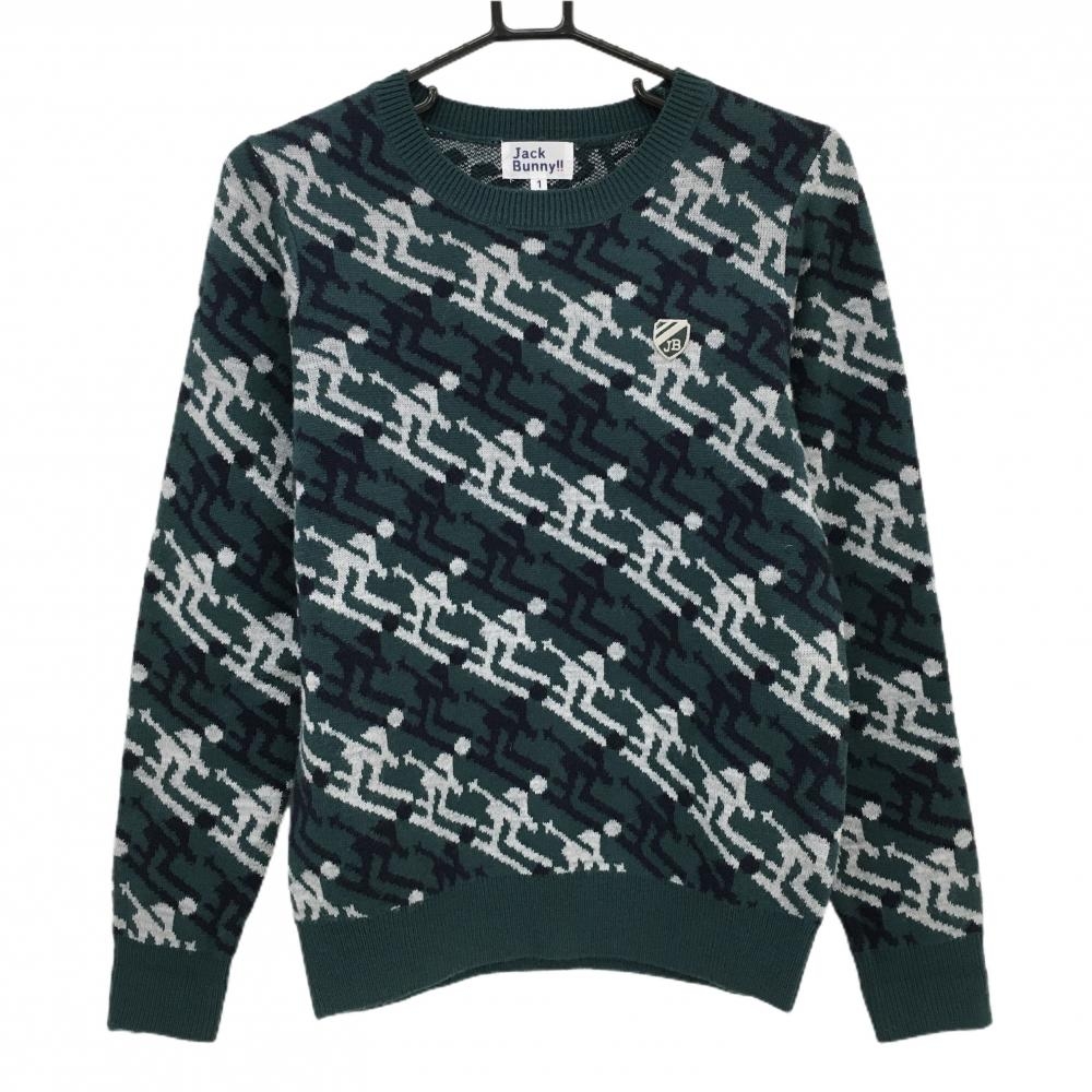 【美品】ジャックバニー セーター ブルーグリーン×ライトグレー スキー柄 ニット ウール混 レディース 1(M) ゴルフウェア Jack Bunny