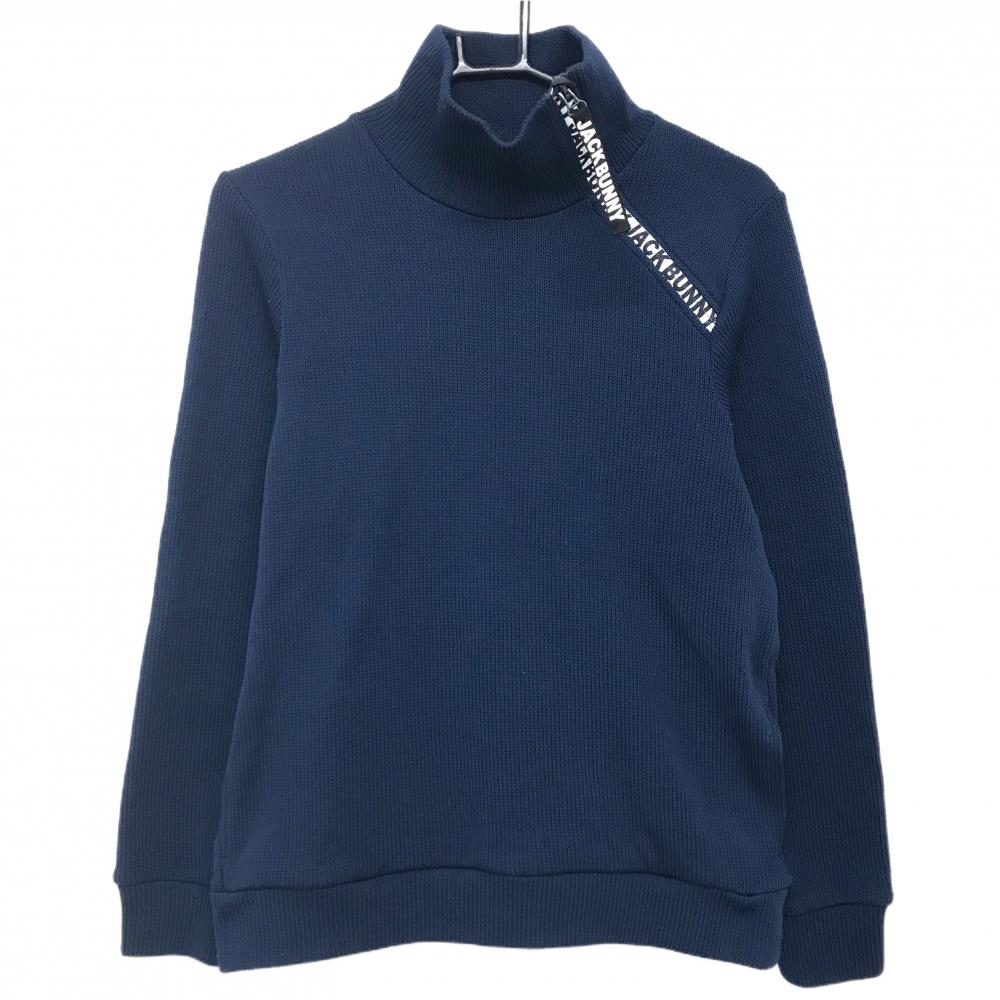 【美品】ジャックバニー ハイネックセーター ネイビー×白 肩ロゴ ハーフジップ  レディース 2(L) ゴルフウェア Jack Bunny