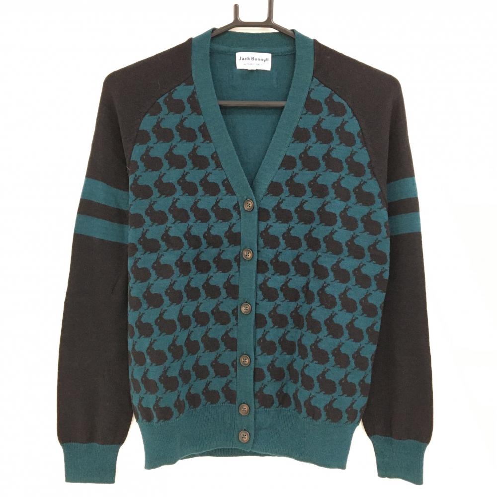 【超美品】ジャックバニー カーディガン ブルーグリーン×黒 前ウサギ柄 ウール混 ニット レディース 1(M) ゴルフウェア Jack Bunny